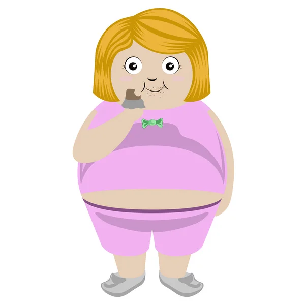 Chica gorda comiendo una barra de chocolate — Vector de stock