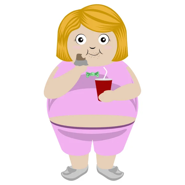 Chica gorda comiendo una barra de chocolate con un refresco — Vector de stock