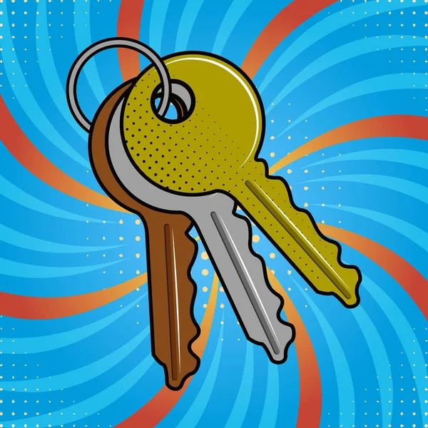 Group of keys on a keychain. Pop art style — Stock Vector