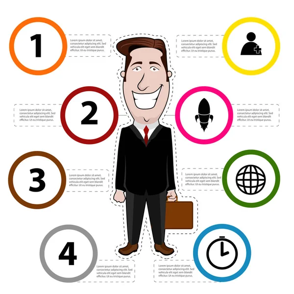 Infographie d'entreprise avec un dessin animé d'homme d'affaires — Image vectorielle