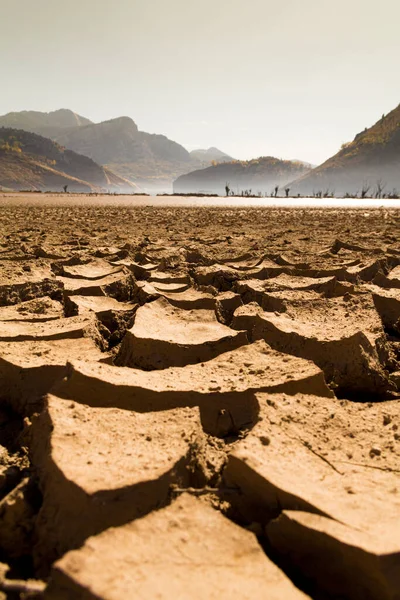 Arka planda dağlar olan bir gölün dibindeki kurak toprağın ayrıntıları