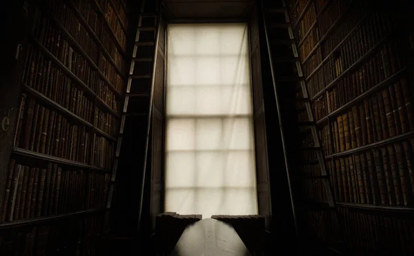 Hermosa Vista Una Ventana Con Una Cortina Blanca Biblioteca Del — Foto de Stock