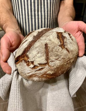 Erkeklerin elinde taze pişmiş çavdar ekmeği. Çizgili siyah önlüklü bir erkek fırıncı elinde ev yapımı çavdar ekmeği tutuyor..