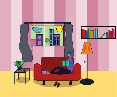 Kanepede oturan bir adamı tasvir eden vektör çizimi. Okuyor ya da çalışıyor ama yine de evde kalıyor..