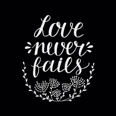 Hand lettering Love never fails made with flowers and leaves. Christian Poster. Biblical background. Declaration of love. Valentine s day. Scripture prints. Motivational quote clipart