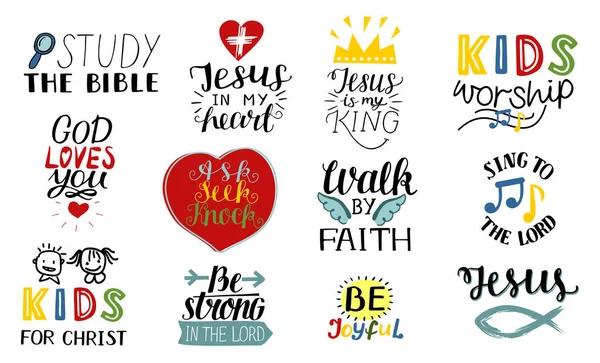 Set de 12 Cartas de Mano Citas Cristianas Jesús es mi rey, Estudia la Biblia, Camina por fe, Ministerio de Niños, Canta al Señor, Alégrate, Fuerte, Adoración  . — Vector de stock