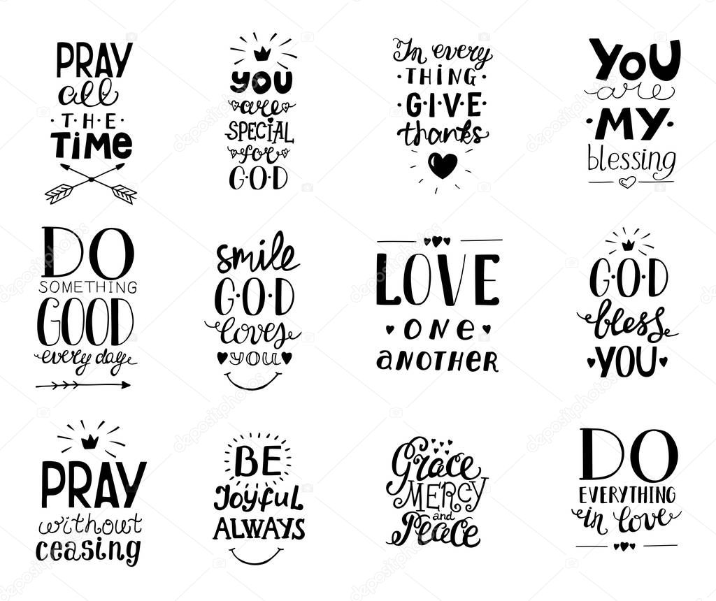 Set of 12 Hand lettering christian quotesYou blessings, Do good every day, Grace, mercy,peace, Love one another, Pray,God bless you, Give thanks. Biblical background. Poster. Modern calligraphy Card Scripture