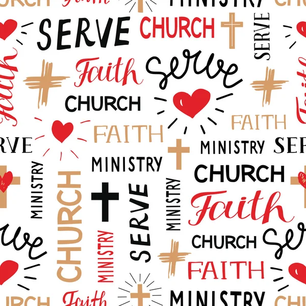 Bezešvé křesťanské barevné vzory s ručně psanými slovy Faith, Church, Ministry, Sloužit. — Stockový vektor