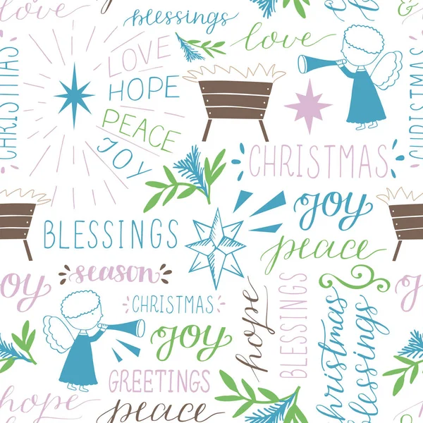 Modèle de Noël sans couture avec des mots dessinés à la main Amour, espérance, paix, joie, salutations, bénédictions, étoiles et anges. — Image vectorielle