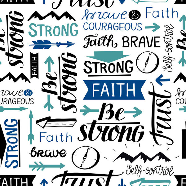 Seamless pattern with hand drawn words Faith, Strong, Brave, Trust.