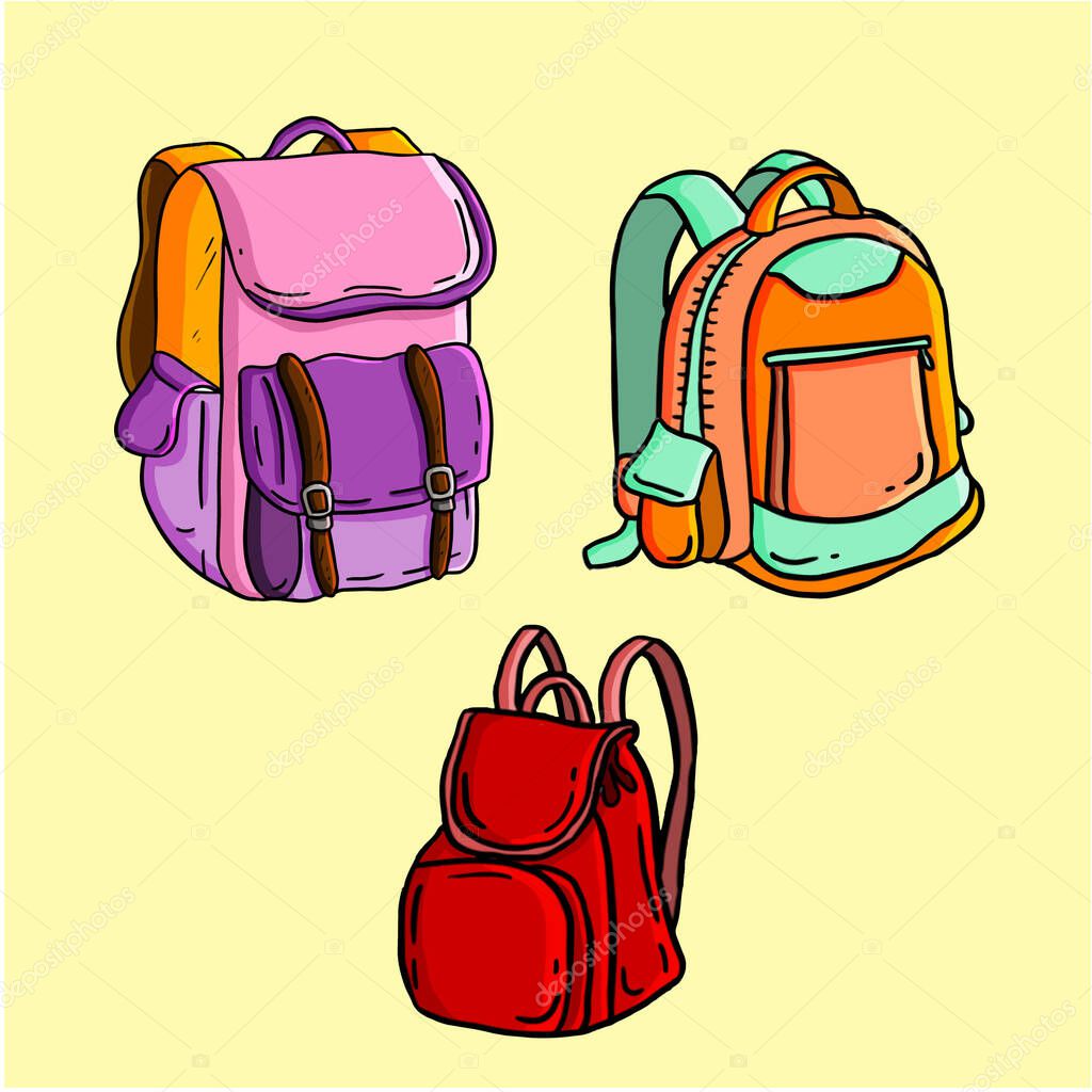 Backpack and bag collection vector illustration with colorful design object