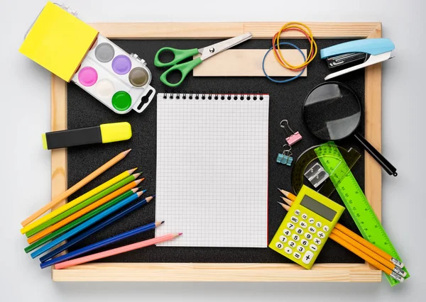 Many Different School Supplies Blackboard Copy Space Background Back School — Stock Photo, Image