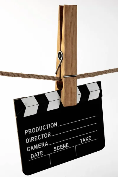 Clapperboard Hanging Clothespin White Background — Stock Photo, Image