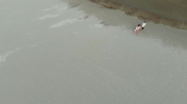 Göl kenarındaki beyaz kumsalda koşan aşıkların kuş bakışı görüntüsü. 