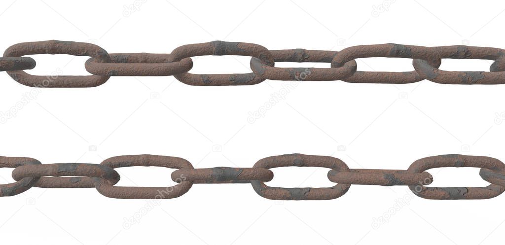 3d render Rusty Chain links isolated on white background