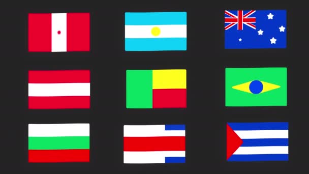 Země Vlajky Argentiny Austrálie Benin Kanada Kostarika Kuba Brazílie Bulharsko — Stock video