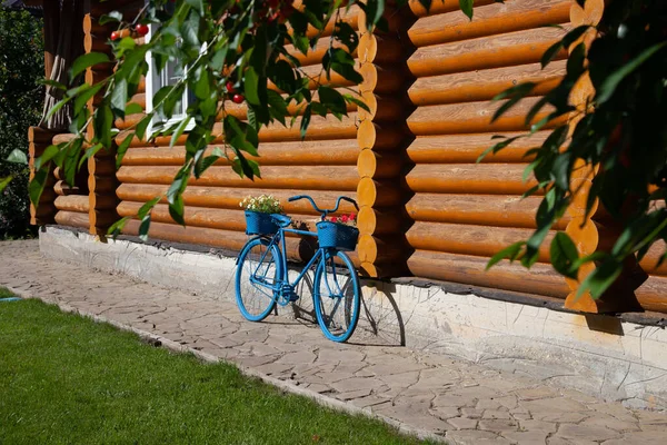 blue Bicycle at the log cabin on a summer day.