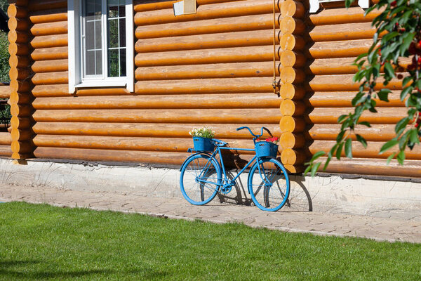 голубой велосипед в бревенчатой хижине в летний день.