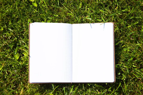 Offenes Notizbuch Mit Leeren Seiten Auf Grünem Rasen Gras — Stockfoto