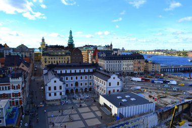 Stockholm, İsveç-Eylül: Cityscape görünümünü büyük inşaat alanında eski kasaba Stokholm yukarıdan