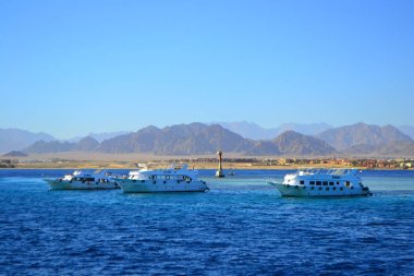 Turizm Merkezi ve yaz tatil, Sharm El Sheikh, Mısır için resort yakınındaki beyaz Yatlar ile deniz sahilinde 6 Ocak 2019 görüntülemek
