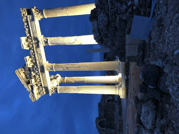 Night Scene Antalya Ancient City Temple Apollo Side Sunset Turkey — Stock Photo, Image