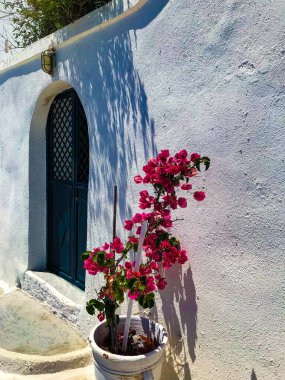 Beyaz duvarlar, eski ahşap bir kapı ve pembe çiçekler.