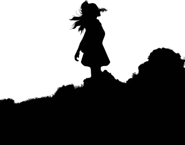 Woman Silhouette Walking Mountain Outdoors — Stock Vector