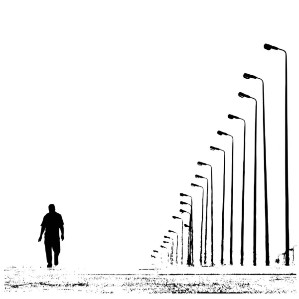 Silhouette Man Walking Alone Street — Stock Vector