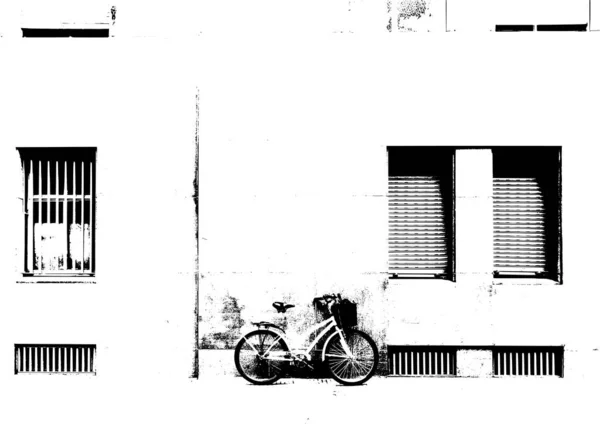 Dibujo Fachada Blanco Negro Del Edificio Ilustración Bicicleta Vectorial — Vector de stock