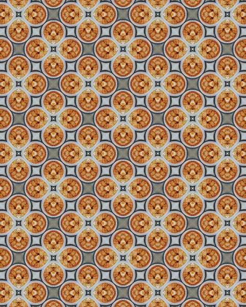 Pattern made with Korean radish Kimchi.A kaleidoscope pattern that mainly uses circular shapes. gray background