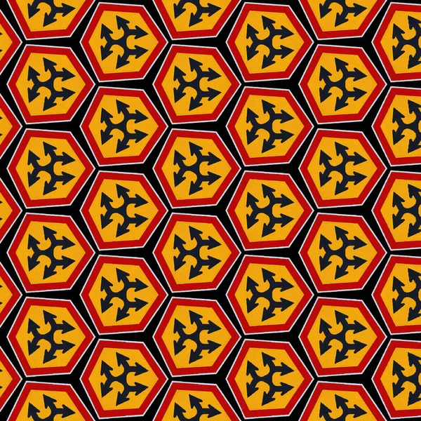 Kaleidoscope Pattern Motivated Red Yellow Black Traffic Signs Black Arrow — Stock Photo, Image