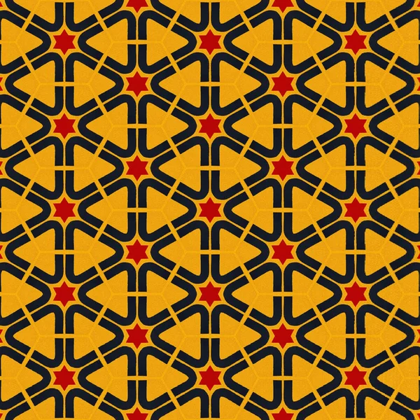 由红色 黄色和黑色交通信号灯发出的万花筒图案 黄色背景上的黑色三角形和红色星星 — 图库照片