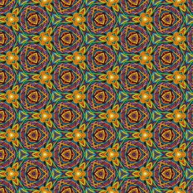 Kaleydoskop deseni turuncu, kırmızı, mavi, yeşil ve mor çubuklar kullanılarak oluşturulmuştur. Daireye yakın çeşitli boyutlarda radyal altıgenler vardır..