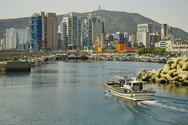 BUSAN KOREA APR-17-2019 Gwangalli Plajı yakınlarında küçük bir liman.