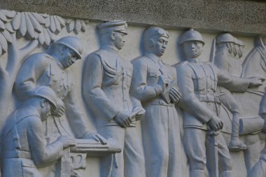 Bangkok, Thailand- 2 May 2019: Details of the sculpture, the story on the Democracy Monument, Ratchadamnoen Road