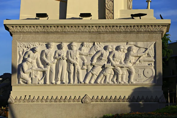 Bangkok, Thailand- 2 May 2019: Details of the sculpture, the story on the Democracy Monument, Ratchadamnoen Road 