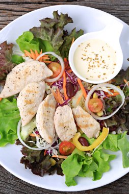 Beyaz tabakta beyaz soslu yeşil salata tavuğu, menüde kullanılacak yemek fotoğrafçılığı. 