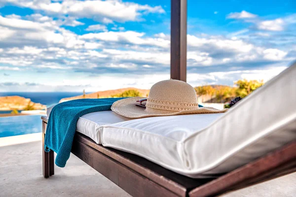 Wooden Sun Bed Standing Terrace Hat Blue Towel Deck Chair Stock Photo