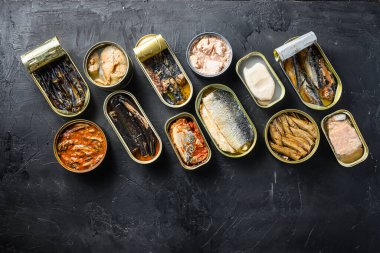 Teneke kutu Saury, uskumru, ispinoz, sardalya, sardalya, kalamar, mürekkep balığı, ton balığı. Alttaki metin için arka plan arkaplan arkapağını aç ve kapat.