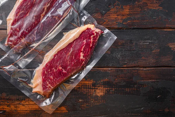 Picanha Marhahús Steak Sous Vide Főzés Sötét Régi Asztal Felső — Stock Fotó