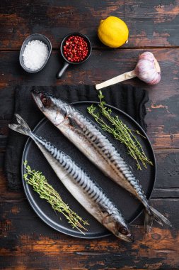Çiğ uskumru, ahşap masada malzemeler, üst manzara..
