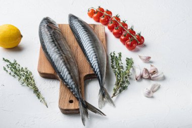 Beyaz desenli arka planda malzemeli iki uskumru..