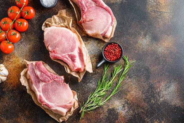 Raw Pork Loin Chops Shot Craft Paper Ingredients Grill Rosematy — Stock Photo, Image