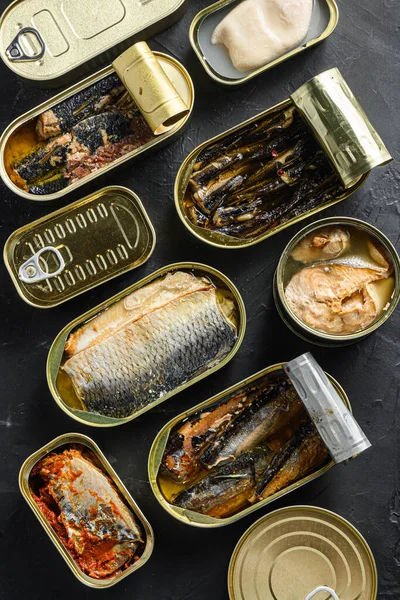 Opened Cans Conserve Saury Mackerel Sprats Sardines Pilchard Squid