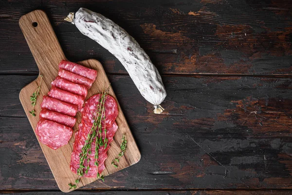 Salchichon Sausages Cut Slices Dark Wooden Background Space Text — Stock Photo, Image