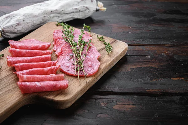 Salchichon Dry Cured Sausages Cut Slices Old Wooden Table Copy — Stock Photo, Image