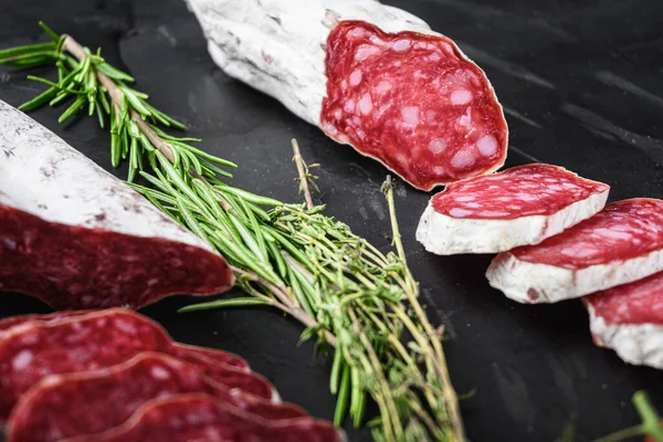 Set Various Spanish Dry Cured Salami Sausages Slices Whole Cuts — Stock Photo, Image