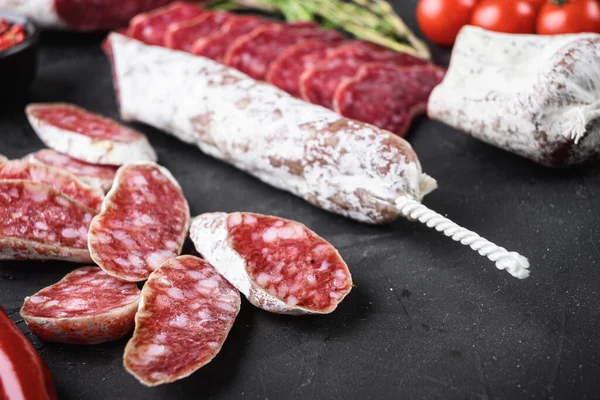 Set Varie Fette Salumi Salumi Secchi Spagnoli Stagionati Tagli Interi — Foto Stock