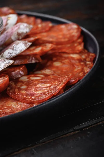 Spanish Cold Meat Plate Chorizo Fuet Lomo Longaniza Salchichon Wooden — Stock Photo, Image